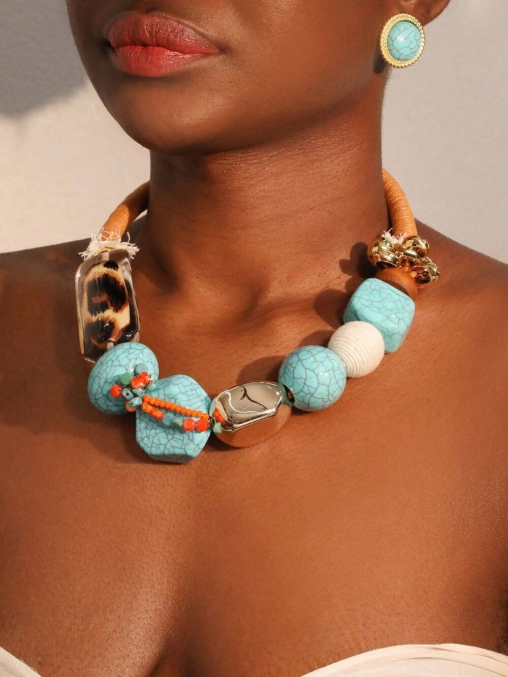 Multicolor Boho Women's Crackle Beads and Leopard Print chunky Necklace